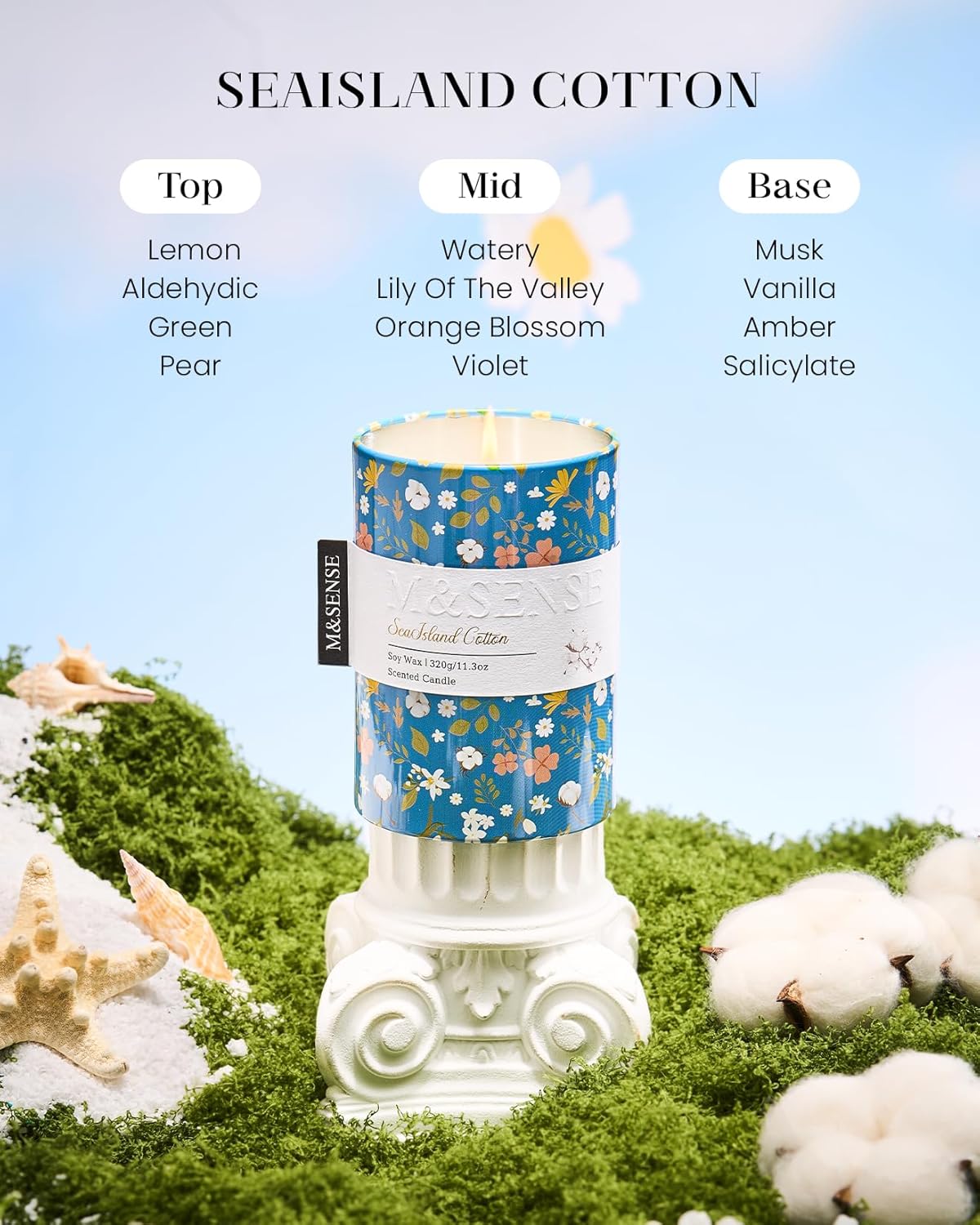 M&SENSE Sea Island Cotton Scented Candle, Medium Jar Candle 11.3oz Natural Soy Wax for Home