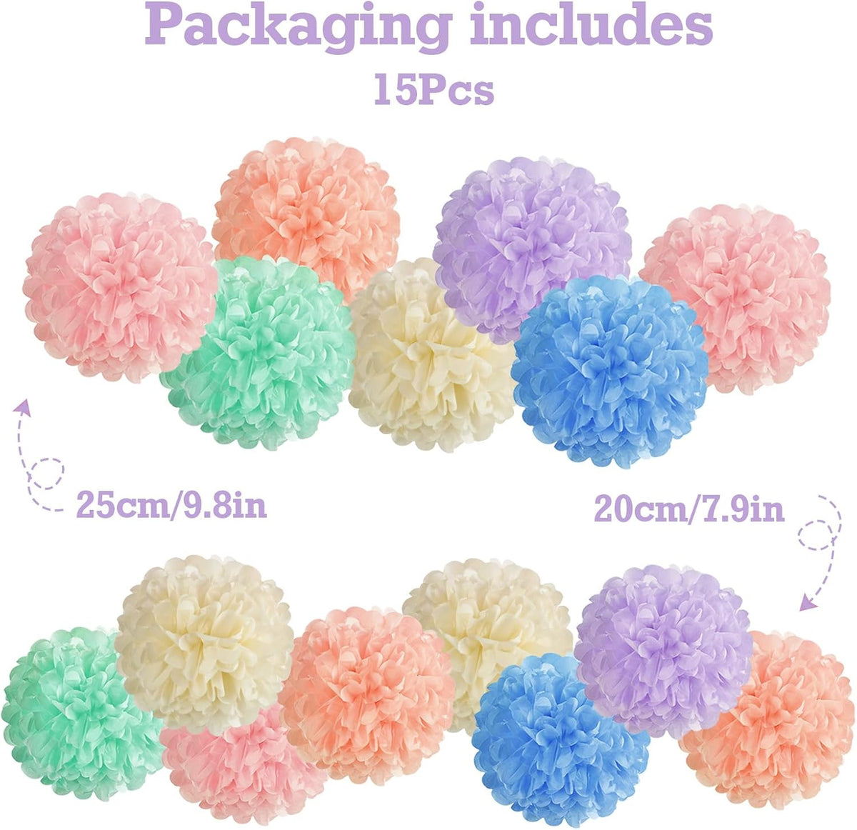 EASY JOY 15PCS Pastel Paper Tissue Pom Poms Decoration Macaron Rainbow Candy Ice Cream Easter