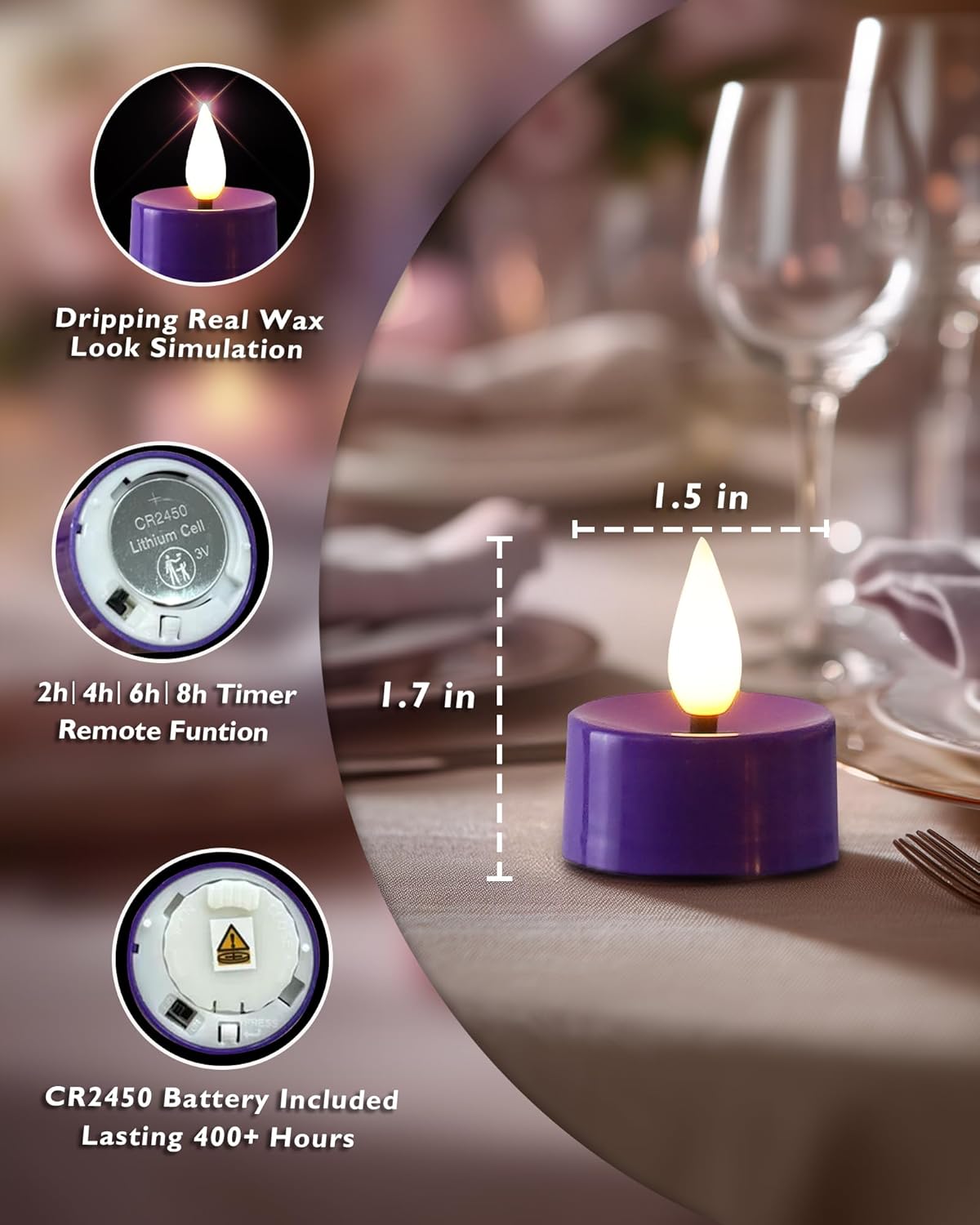 Amagic Flameless Purple Timer Remote Tealights Candles, 3D Black Wick Flickering Tea Light