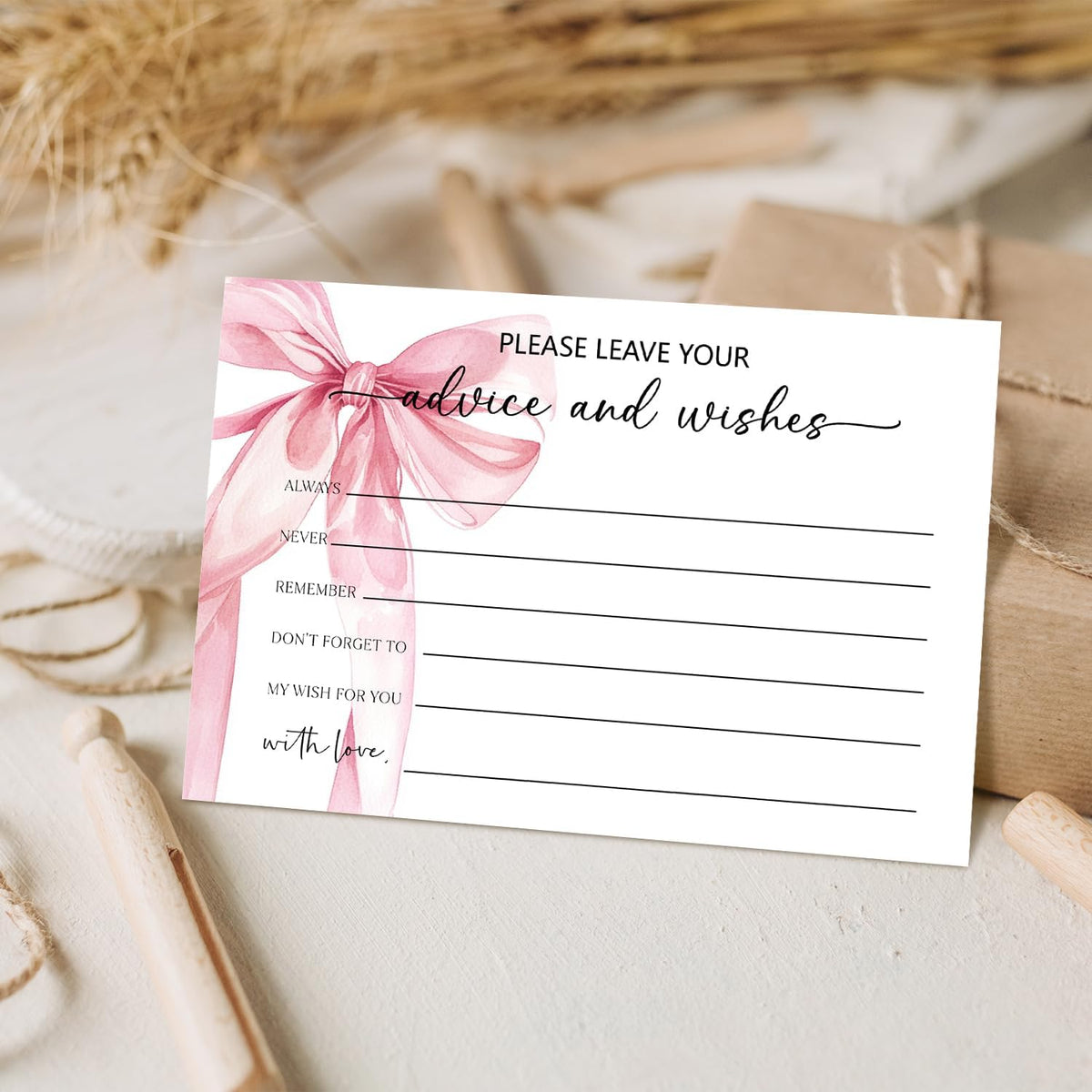 Pink Bow Advice and Wishes Card, Advice Cards for The Bride and Groom, Bridal Shower,Wedding or