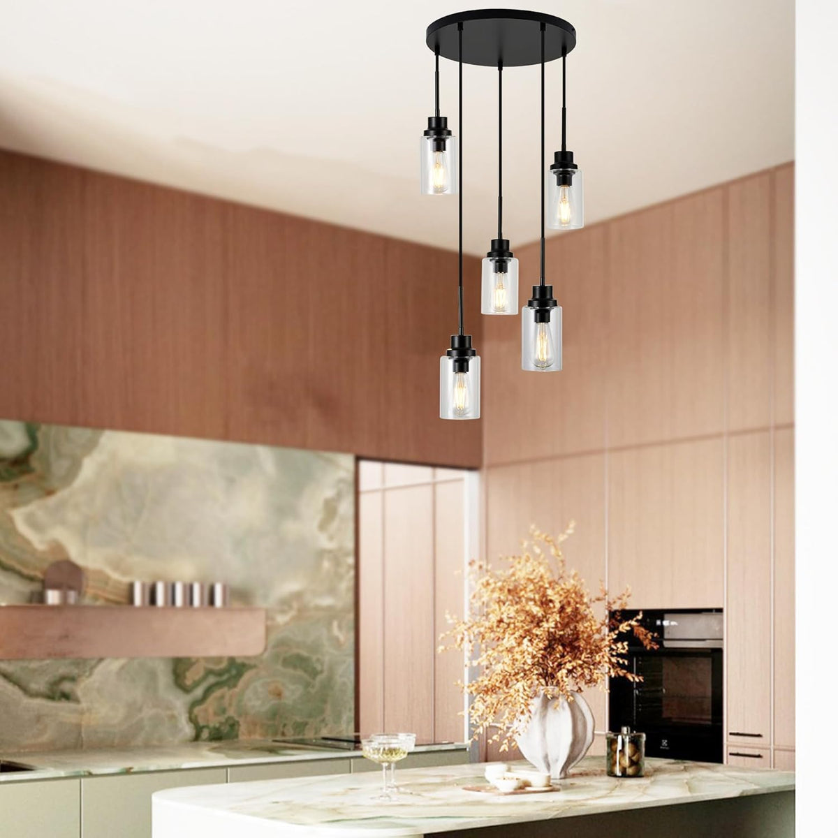 5-Light Kitchen Island Dimmable Pendant Lights with Clear Glass Shade, Black Finish for Dinning