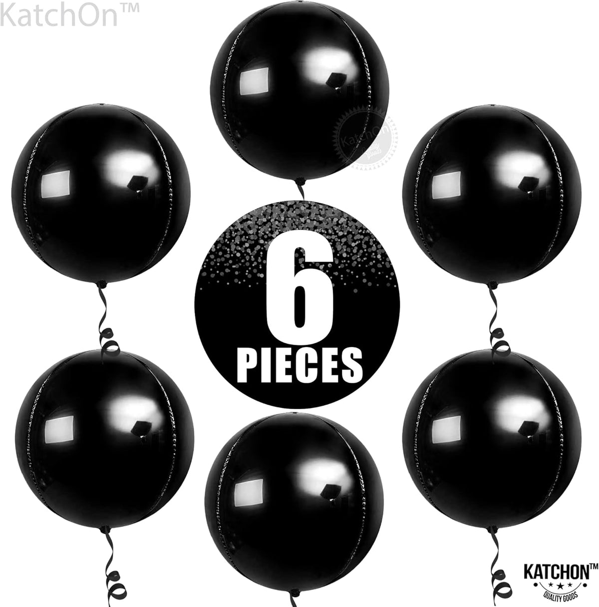 KatchOn, Large Black Mylar Balloons - 22 Inch, Pack of 6 | Round 4D Mylar Balloon | Black Balloons