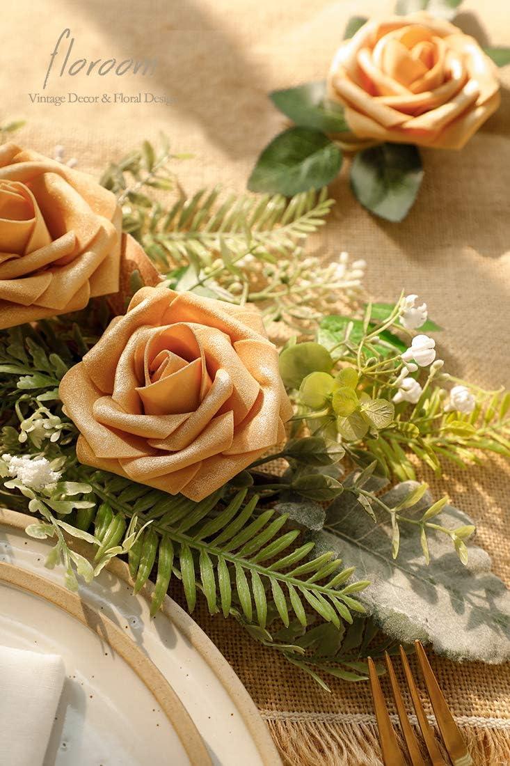 Floroom Artificial Flowers 50pcs Real Looking Gold Foam Fake Roses with Stems for DIY Wedding