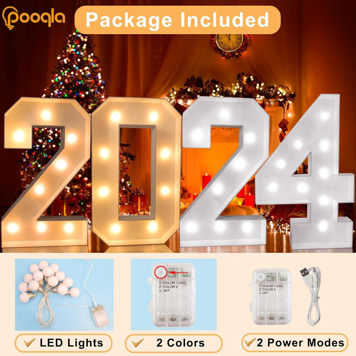 Pooqla 3FT Light Up Marquee Numbers, Cool White and Warm White LED Large Lighted Marquee Numbers