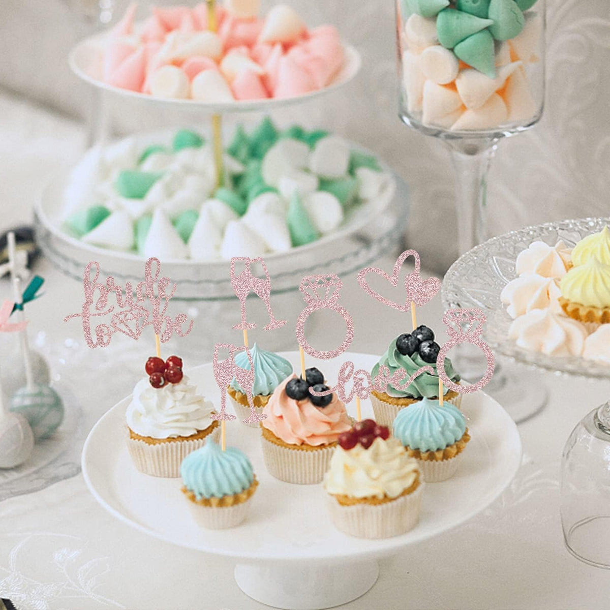 35 PCS Glitter Diamond Ring Bride to be Love Cupcake Topper Champagne Cake Picks Decorations for