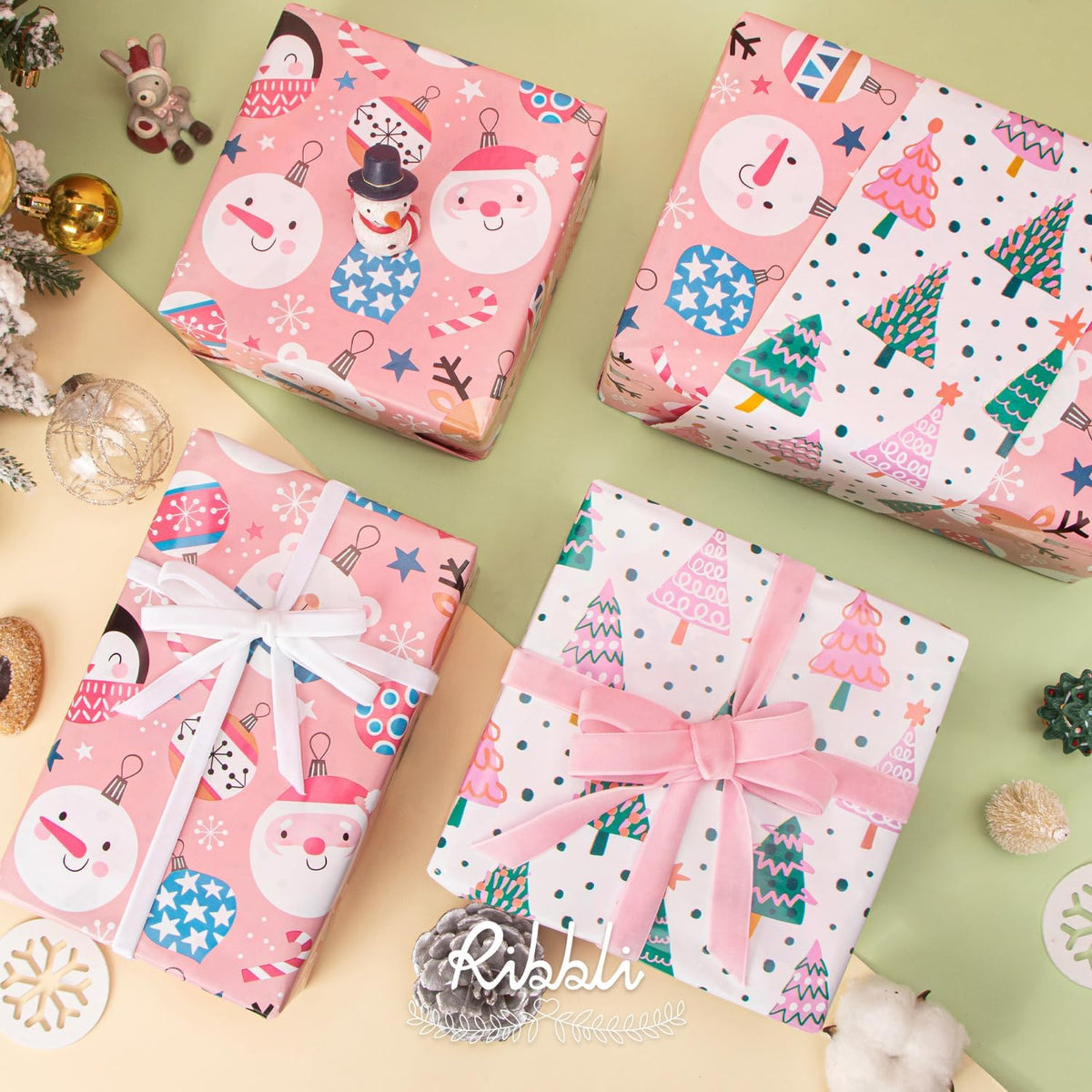 Ribbli Pink Christmas Wrapping Paper Reversible Cute Christmas elements Gift Wrapping Paper Rolls