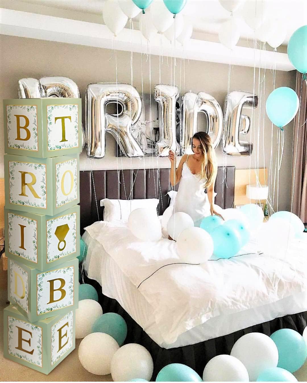 101 PC Greenery Bridal Shower Decorations Balloon Boxes Gold- Blocks with BRIDE TO BE + GROOM + A