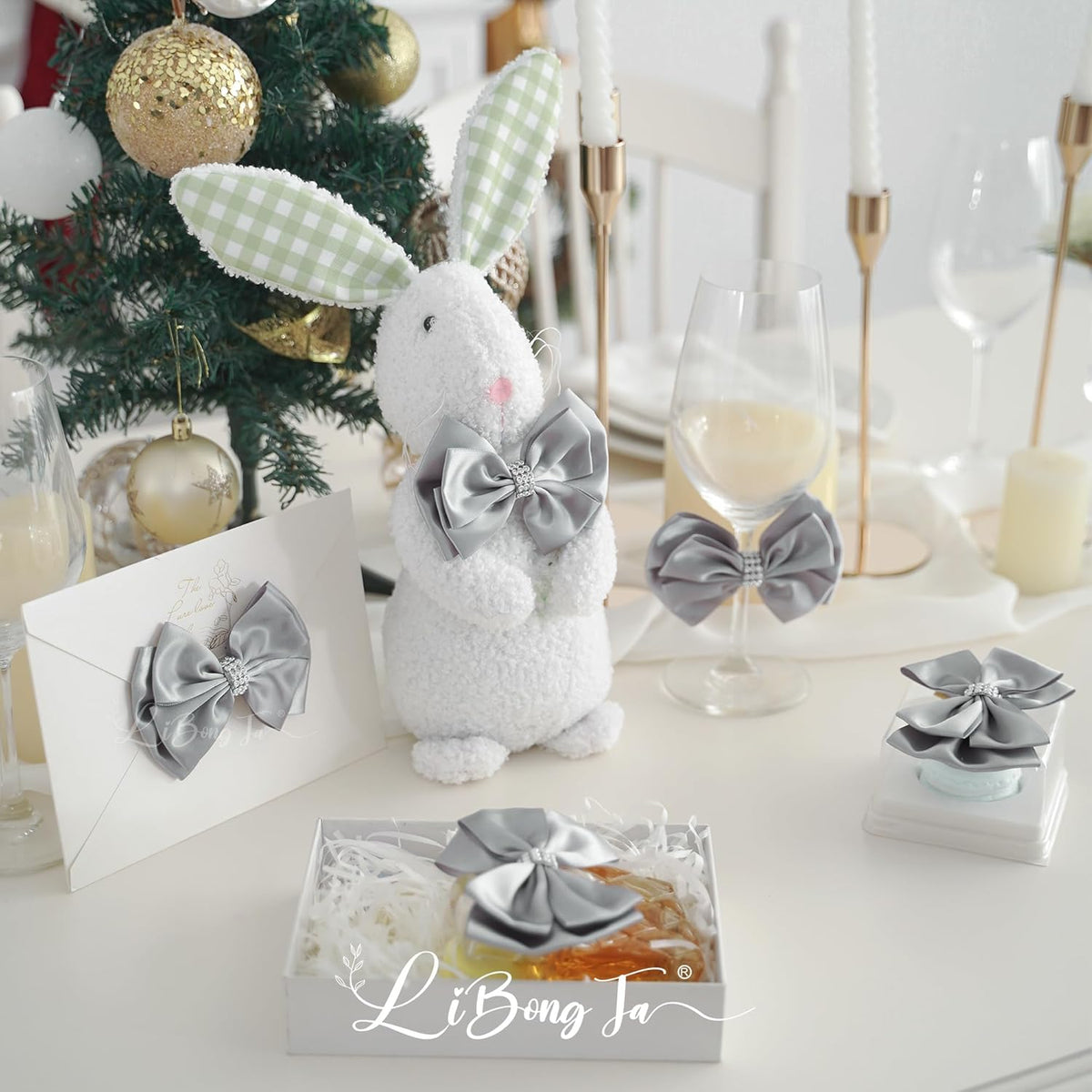 Silver Satin Bows 4'' Premade Ribbon Bow, Silver Gift Bows with Rhinestone, Wrapping Bows for