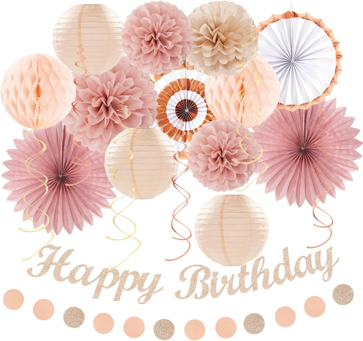 Blush-Pink Rose-Gold Fall Birthday Party-Decorations - 21pcs Boho Happy Banner Sign,Women Paper
