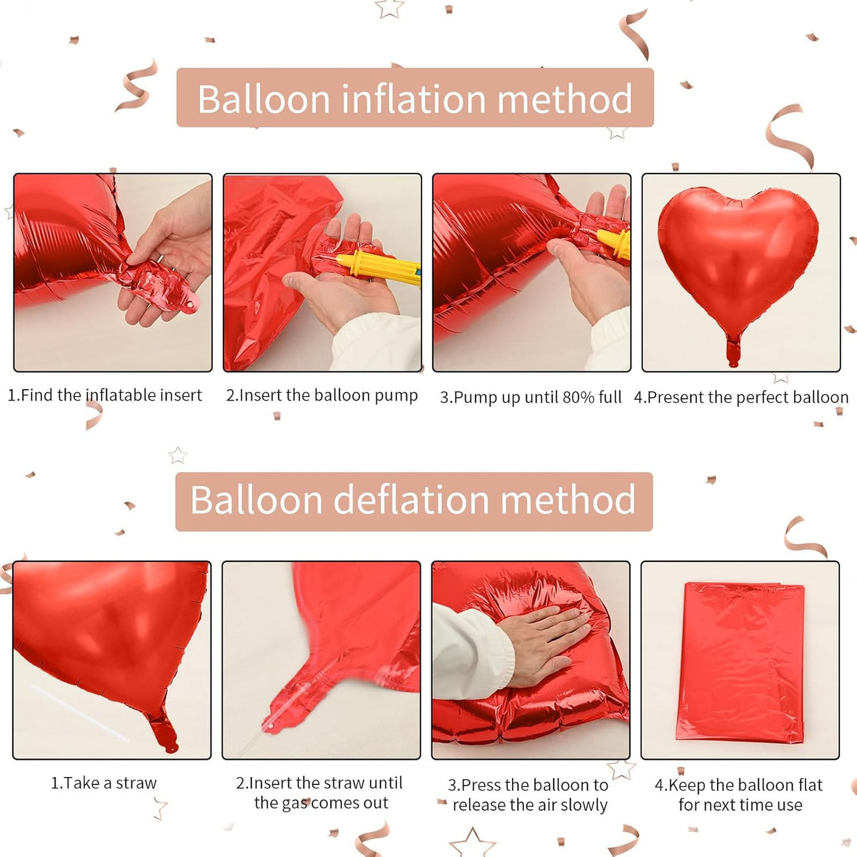 Rose Gold & Pink Heart Balloons - 10 Pcs 18 Inch Foil Heart Shaped Balloons for Girls Women - Red