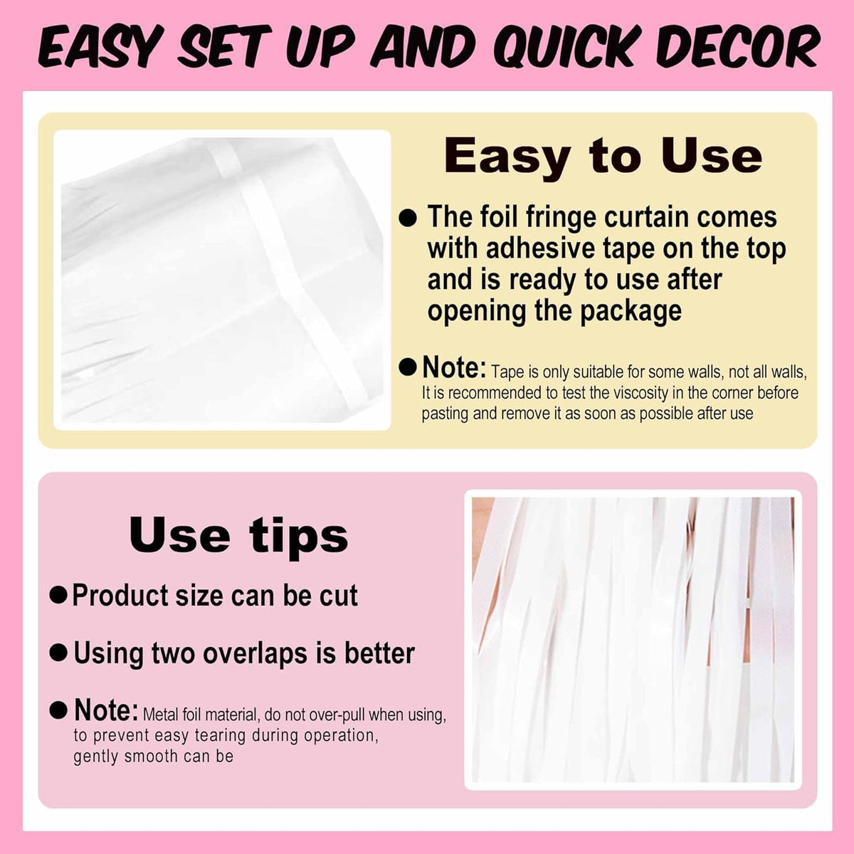 6 Pack Macaron White Foil Fringe Curtains Backdrop, 3.28 x 8.2 Ft Metallic Streamers Tinsel