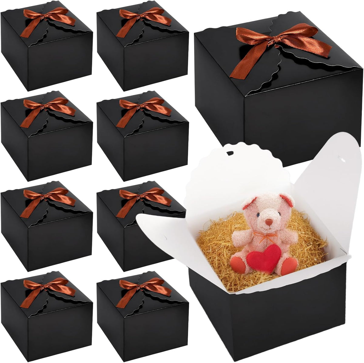 VGOODALL 10PCS Gift Candy Boxes, Black Treat Box with Ribbon Paper Candy Boxes for Wedding Cookie