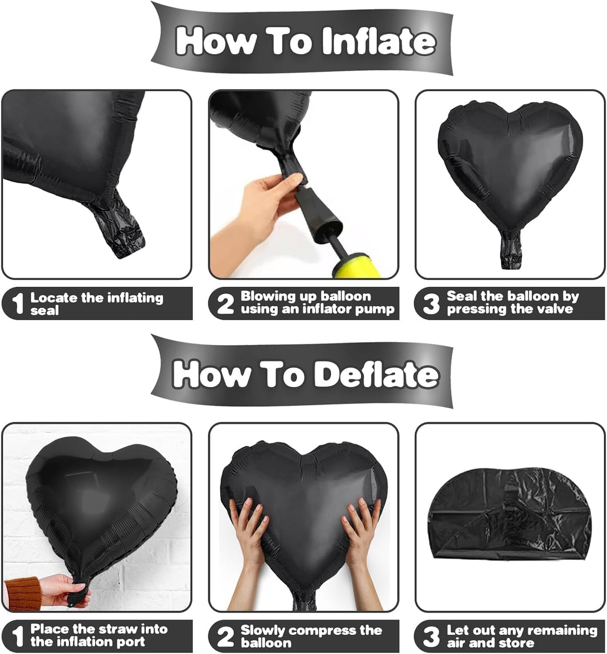Black Heart Balloons,12Pcs 18 Inch Black Foil Love Heart Shaped Balloons for Valentines Day