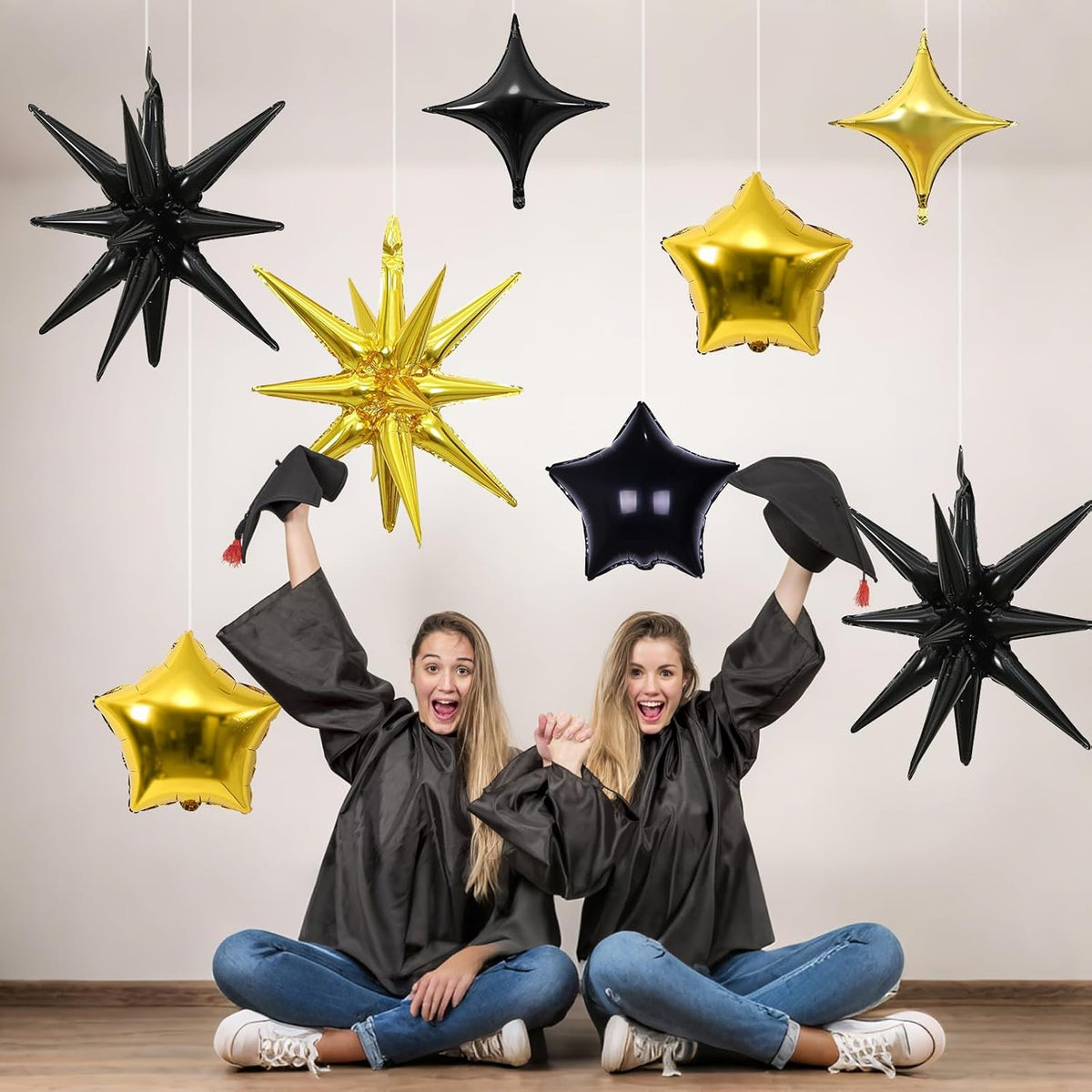 Black and Gold Star Balloons, 22in Large Star Balloons Foil 10in 4-Pointed & Pentagram Balloon for