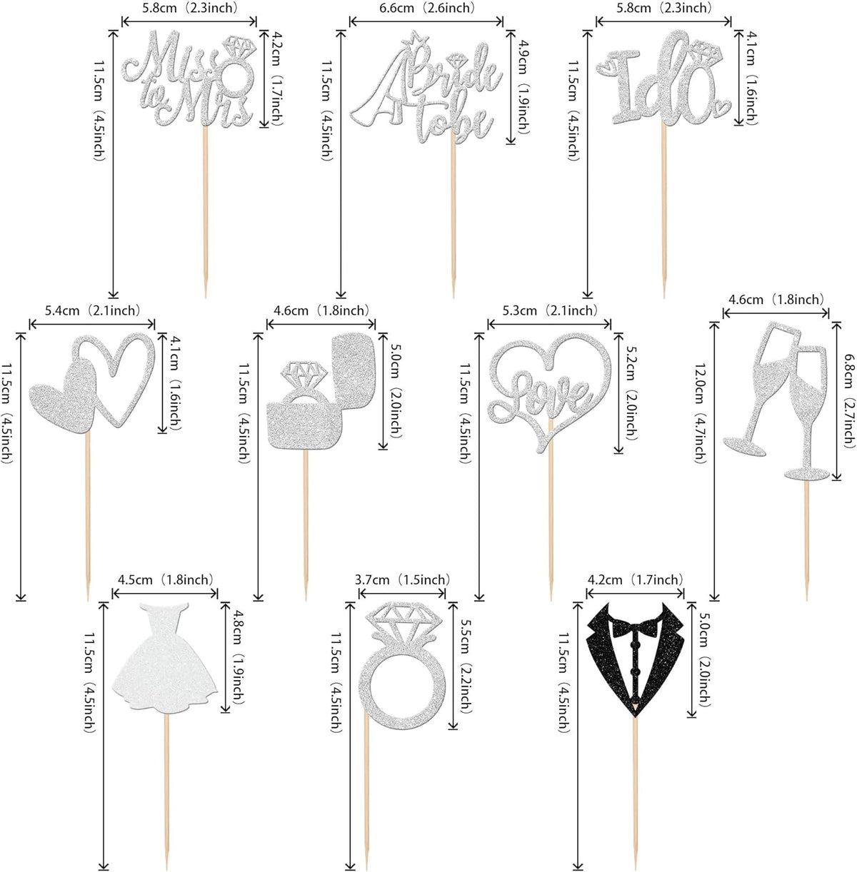 30 PCS Bride to Be Cupcake Toppers Glitter Wedding Cupcake Decorations I Do Love Heart Ring Miss to