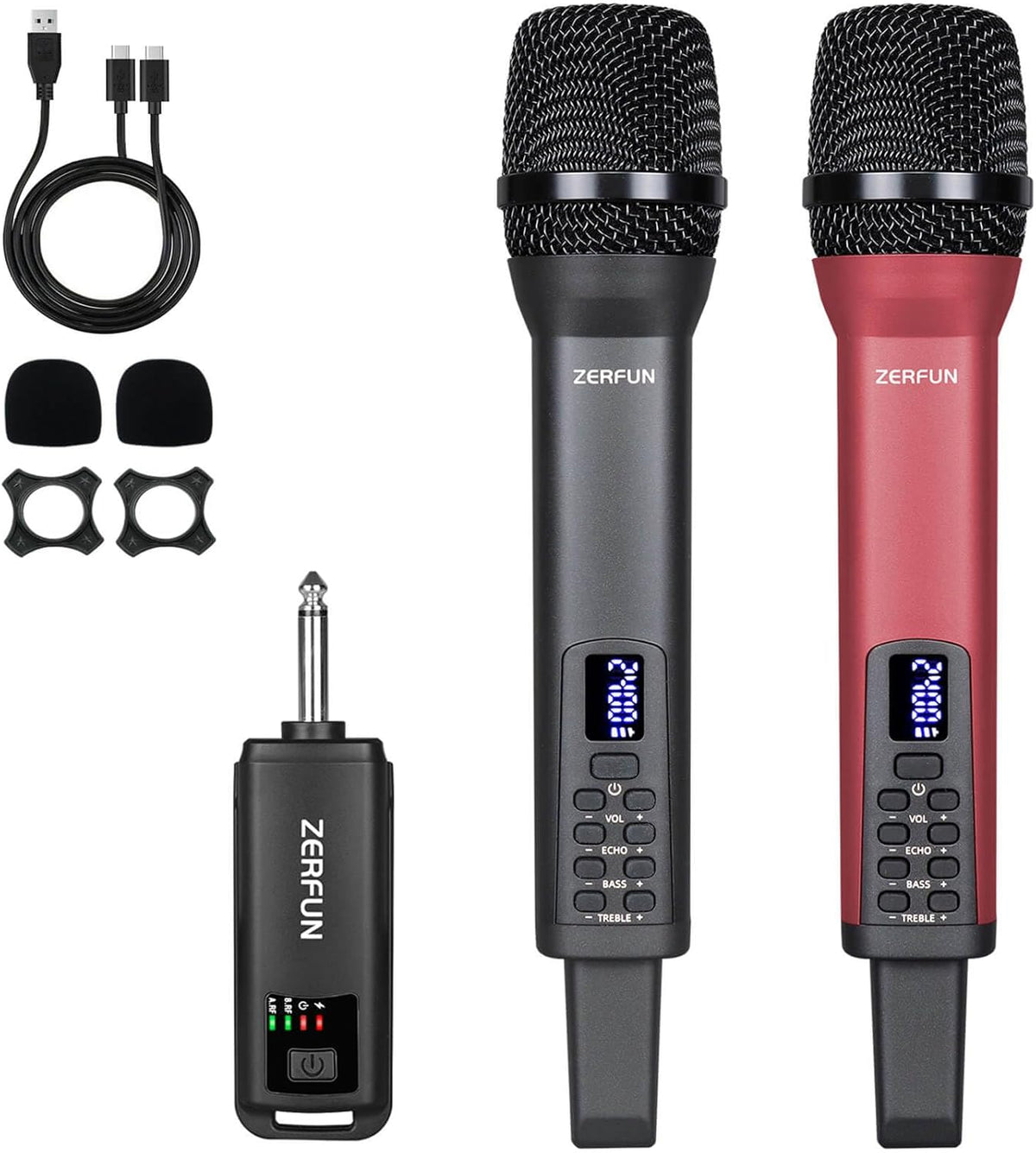 Dual Rechargeable Wireless Microphones, Pro Handheld Cordless Mics System with Echo Treble BASS VOL