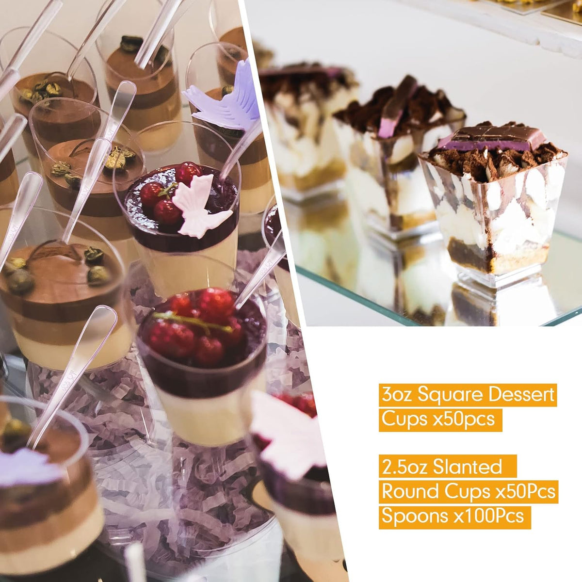 Nuogo 100 Pcs Mini Dessert Cups with Spoons Include 3 oz Square Plastic Appetizer Cups 2.5 oz