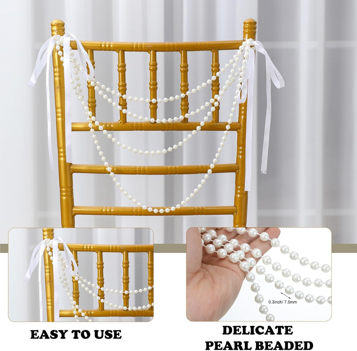 Wedding Pearl Bow Chair Decor Satin Ribbon Bows with Pearl Beaded String Garland Aisle Chair Sashes