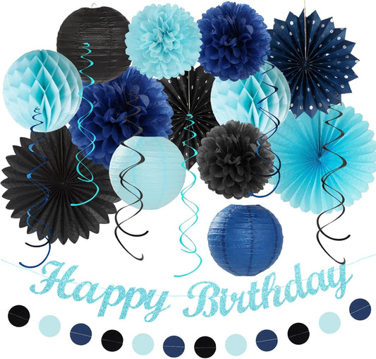 Light-Royal Navy-Blue Black Birthday Party-decorations - 21pcs Boys Men Happy Banner,Paper