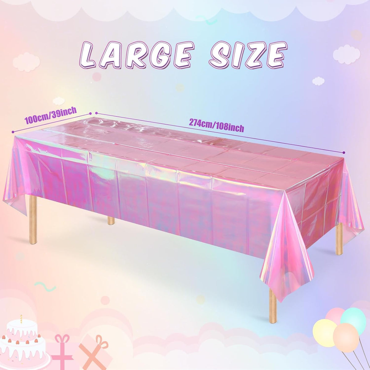 3 Pack Iridescent Plastic Tablecloth, Shiny Disposable Laser Rectangle Table Covers, Holographic