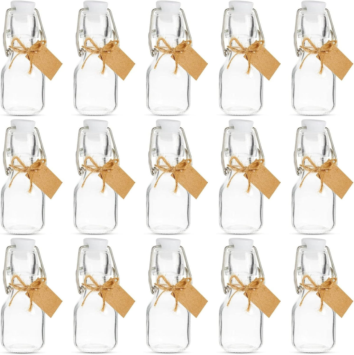 BLUE PANDA Mini Glass Bottles Swing Top - 15 Pack 2 Oz/60 ml Blue & White - Kraft Tags & Jute Twine