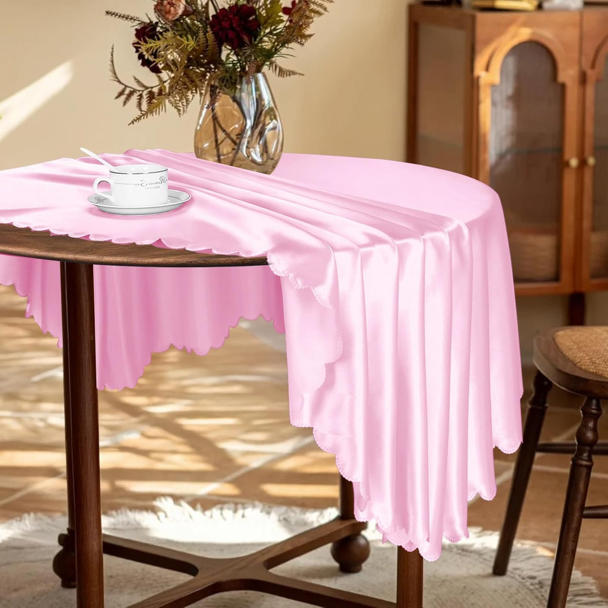 KKJIAF 1 Pack 108 Inch Round Table Cloth, Light Pink Overlay Round Satin Table Cover, Silky Satin