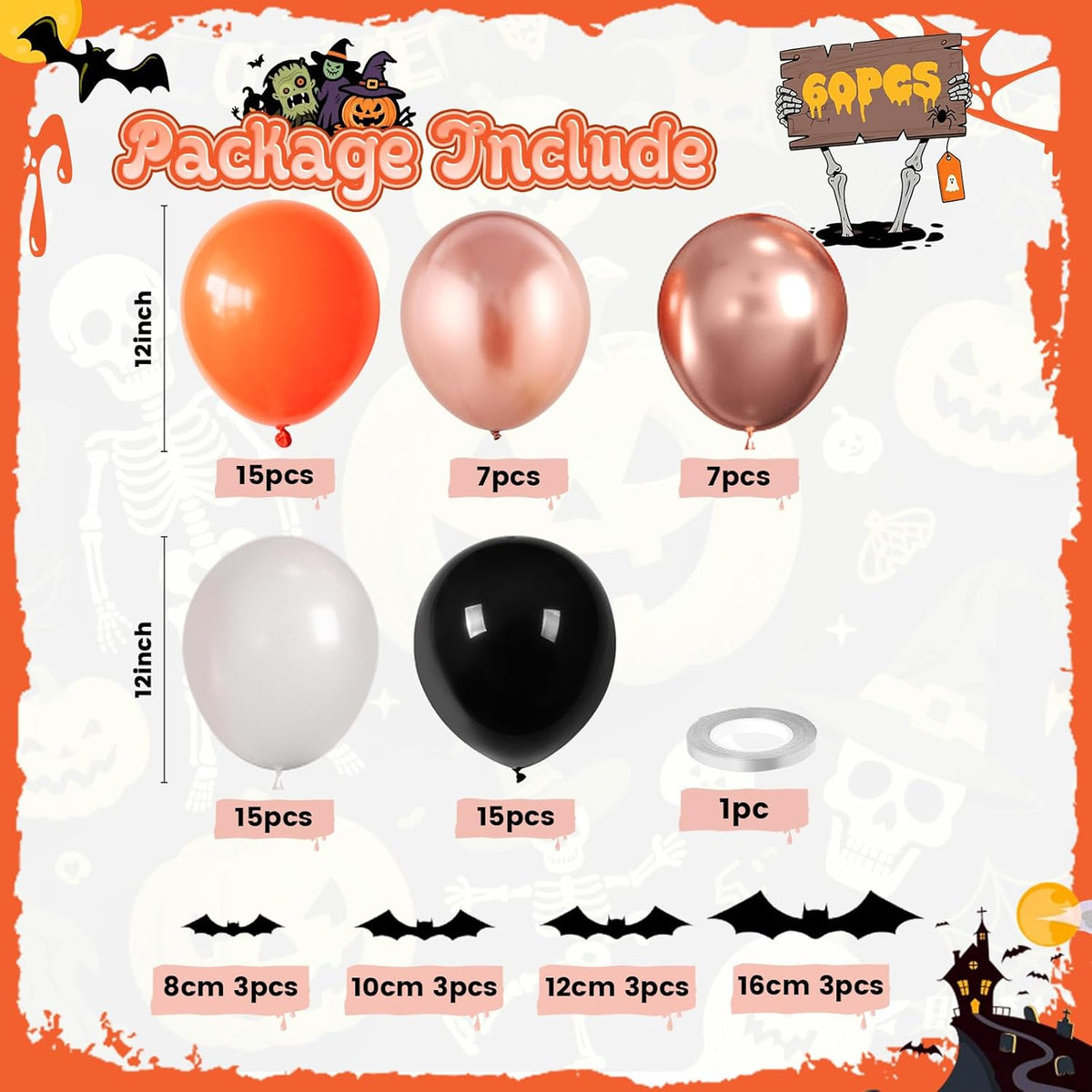 Halloween Balloons, 60PCS Black Orange Balloons, Black Orange White Rose Gold Balloon with 4