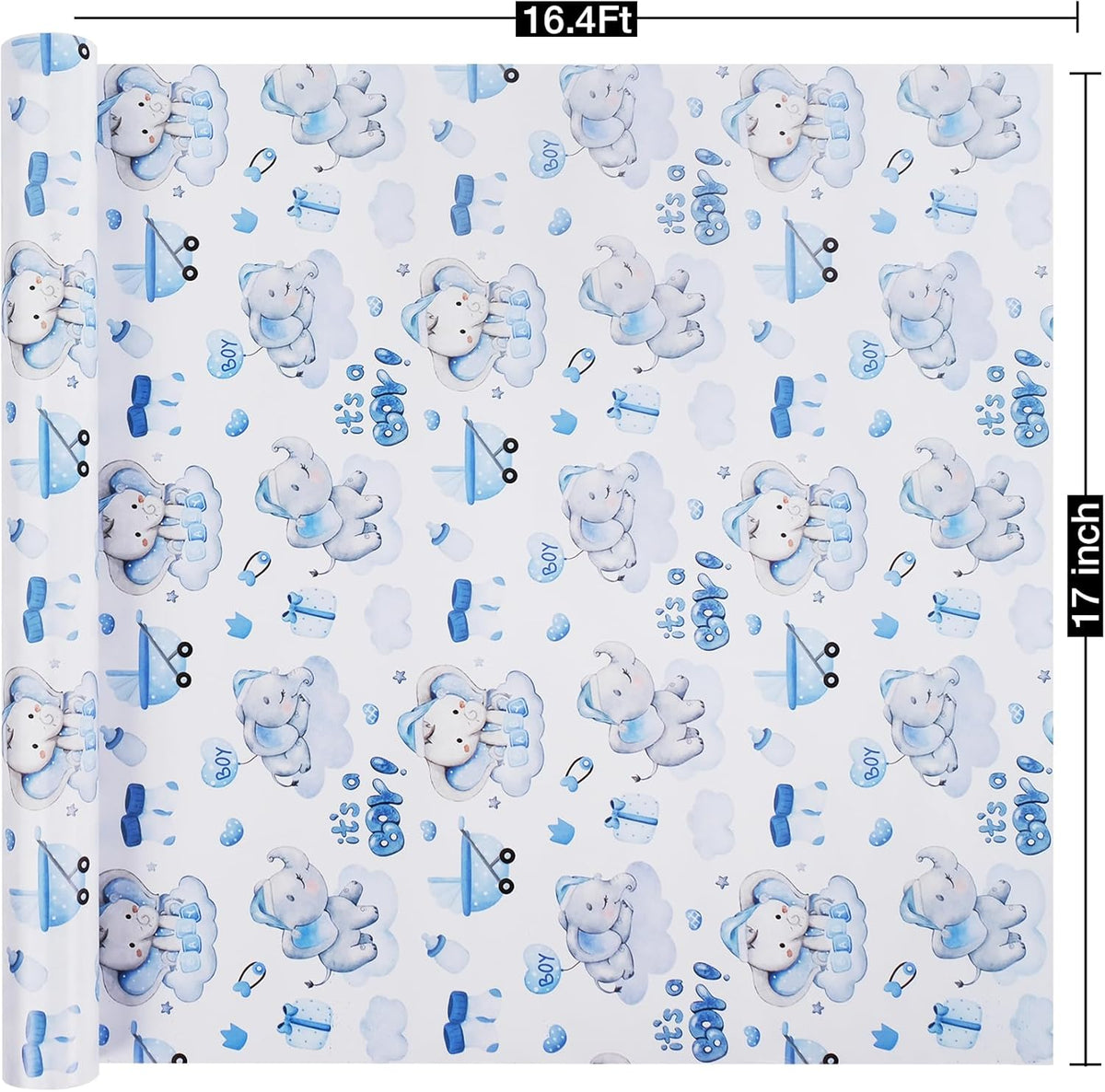 Aimyoo Blue Baby Shower Wrapping Paper Roll - 17 Inch X 16.4 Feet - Cute Elephant with It‘s A Boy