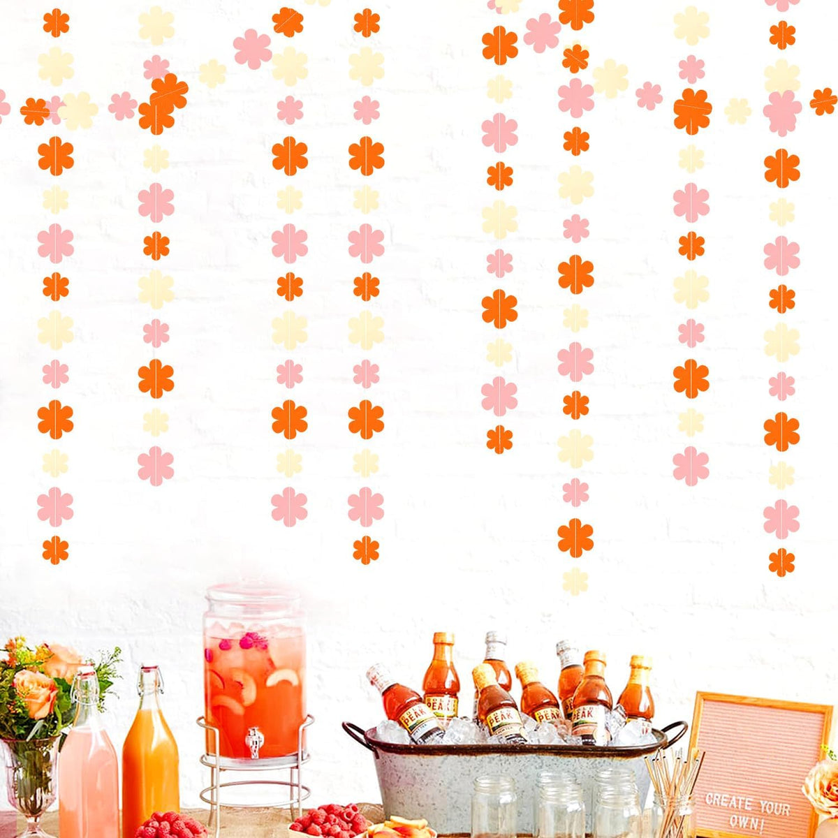 Orange-Pink Fall Party-Decorations Streamers-Garland - 52ft Boho Flower Hanging Paper Banner