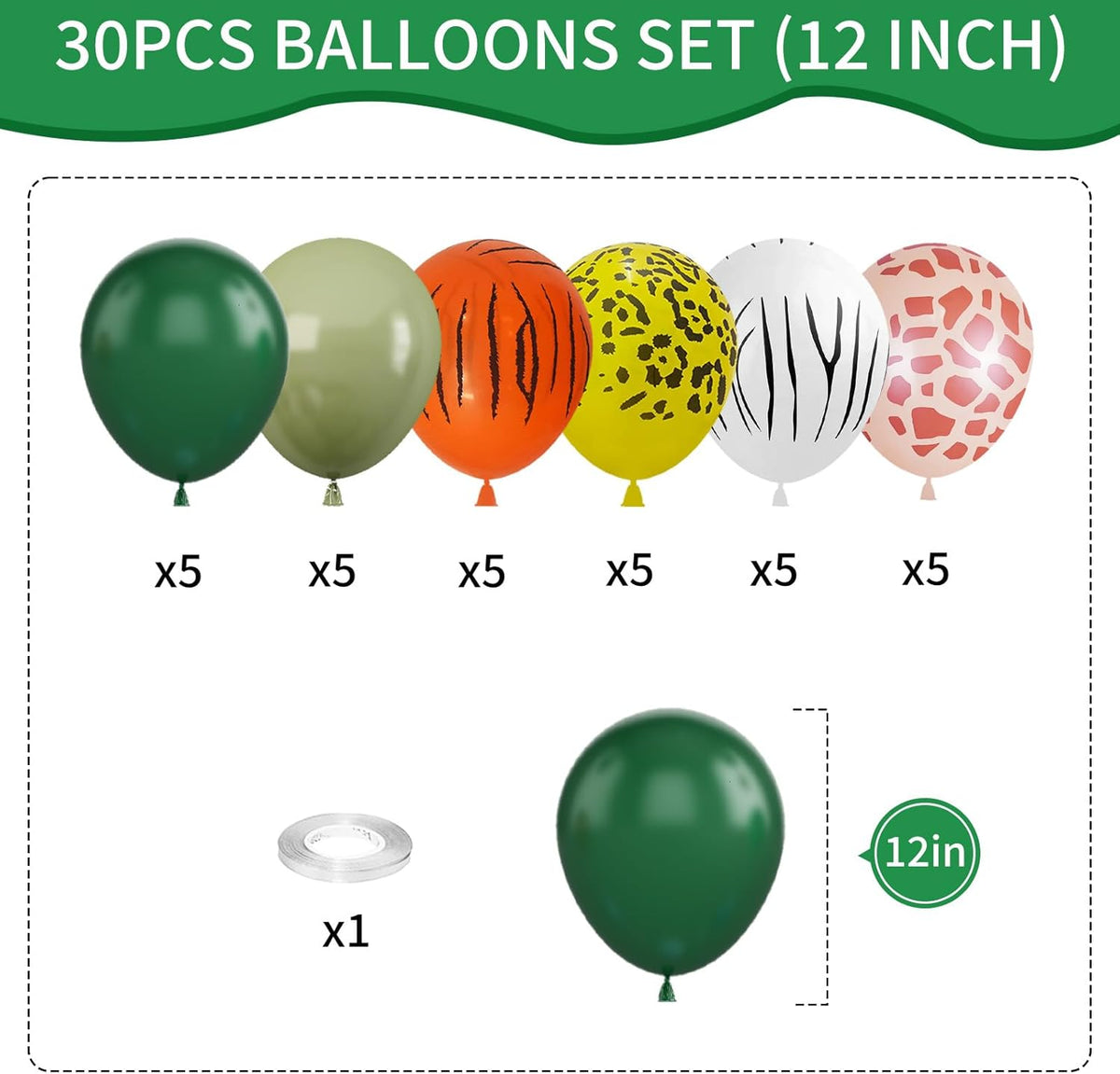 Sage Green & Olive Green Animal Print Safari Balloons - 12 Inch (4 Kinds) for Jungle Safari Theme
