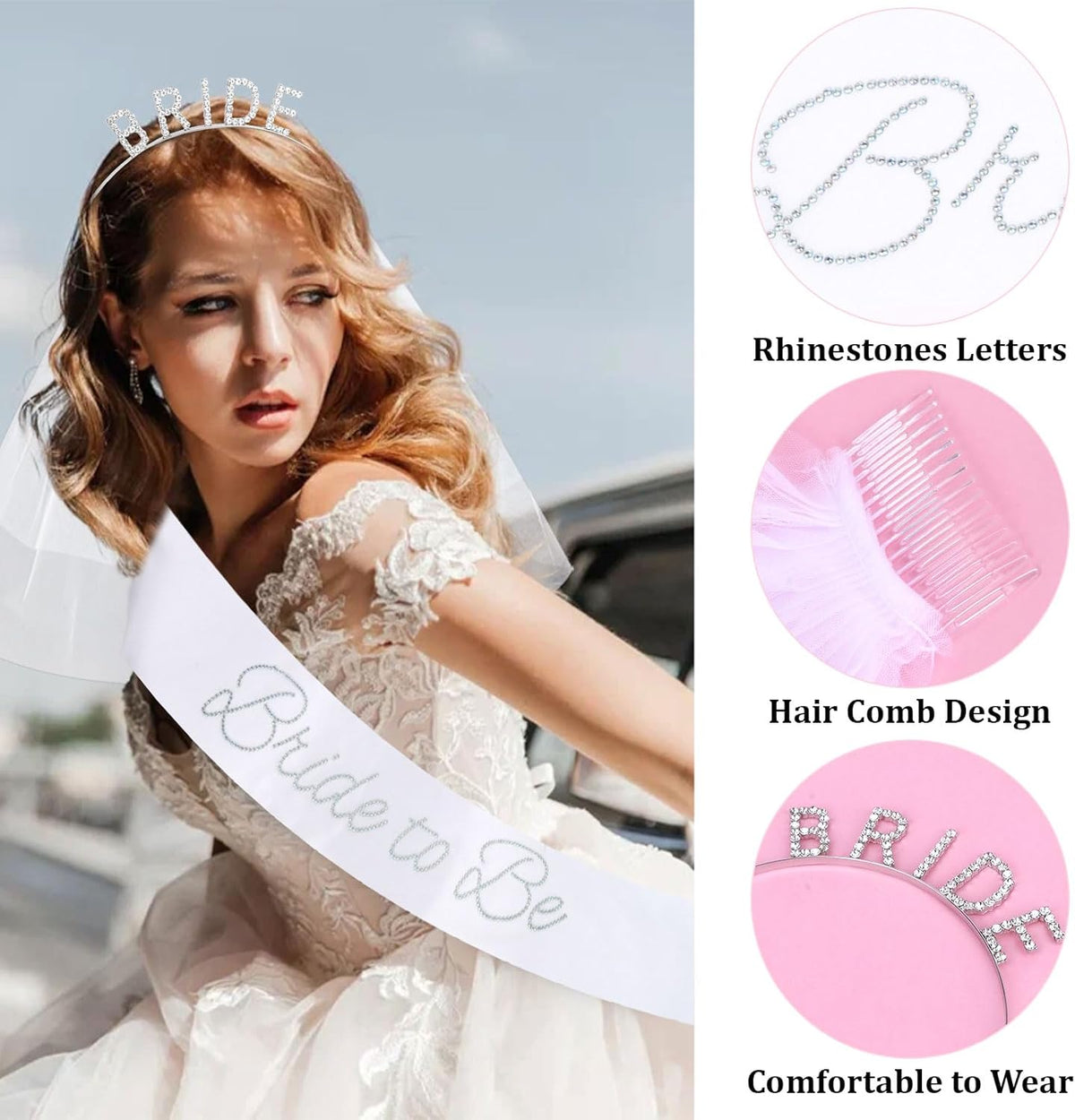 Rhinestone Bride Headband + Bride to Be Sash + Wedding Veil, Bridal Shower Gifts for Bachelorette