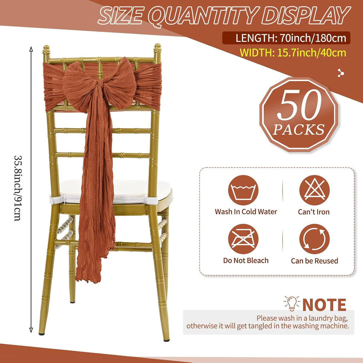 50 Pcs Cheesecloth Aisle Decorations Sashes - Universal Chair Covers for Wedding Reception Party