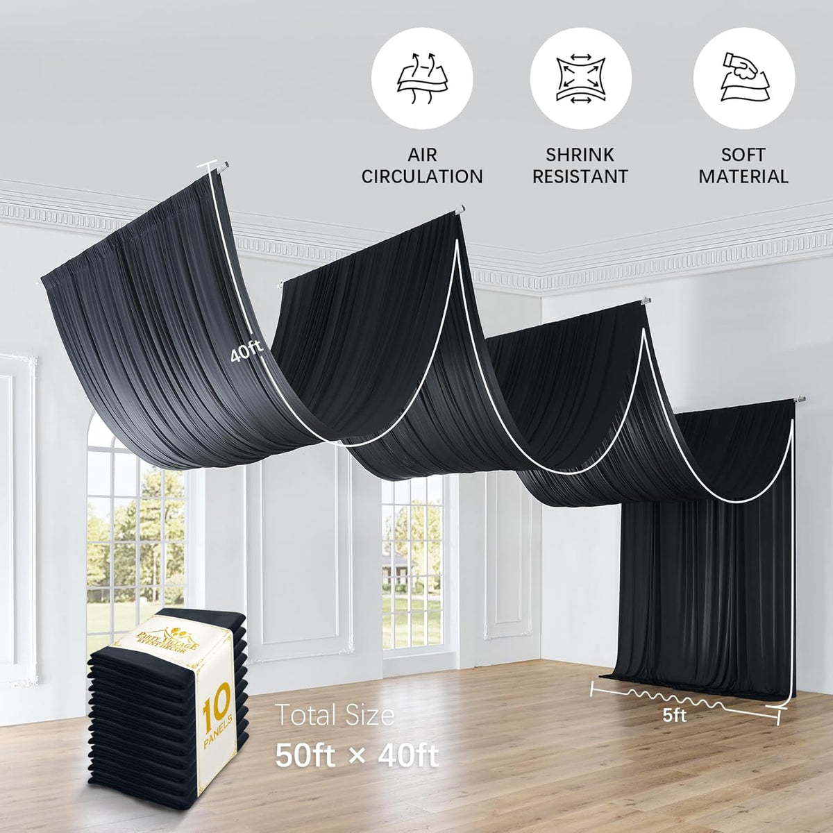 PartyVillage 50ftx40ft Black Ceiling Curtain for Halloween Parties – 10 Panels Wrinkle-Free 40 FT