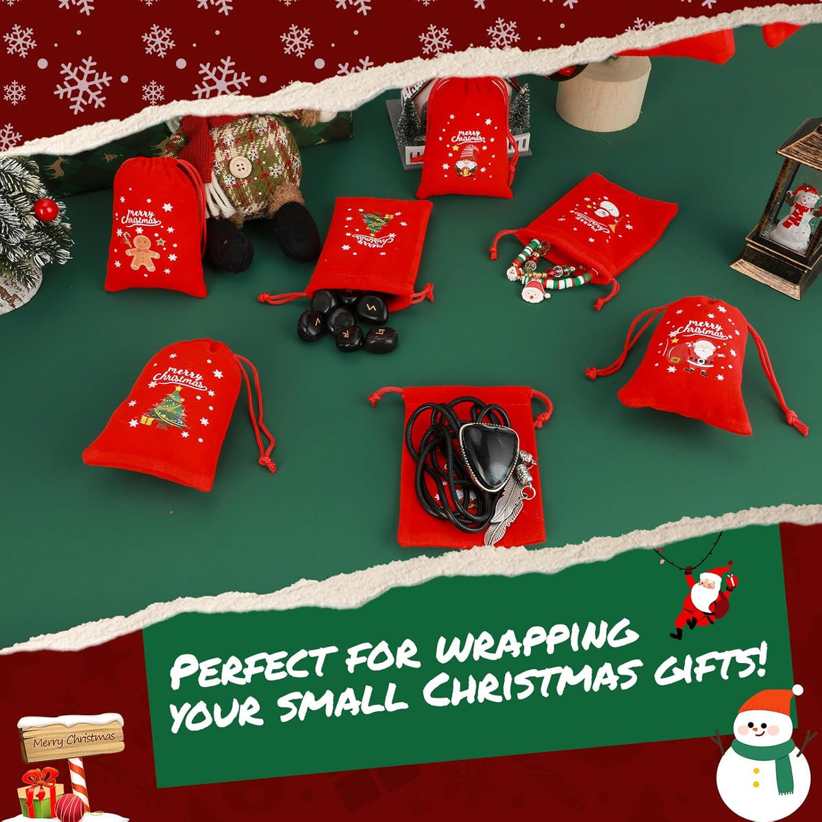 Tapleap Velvet Coth Christmas Bags with Drawstring, 50Pcs 3x4 for Wrapping Christmas Party Favors