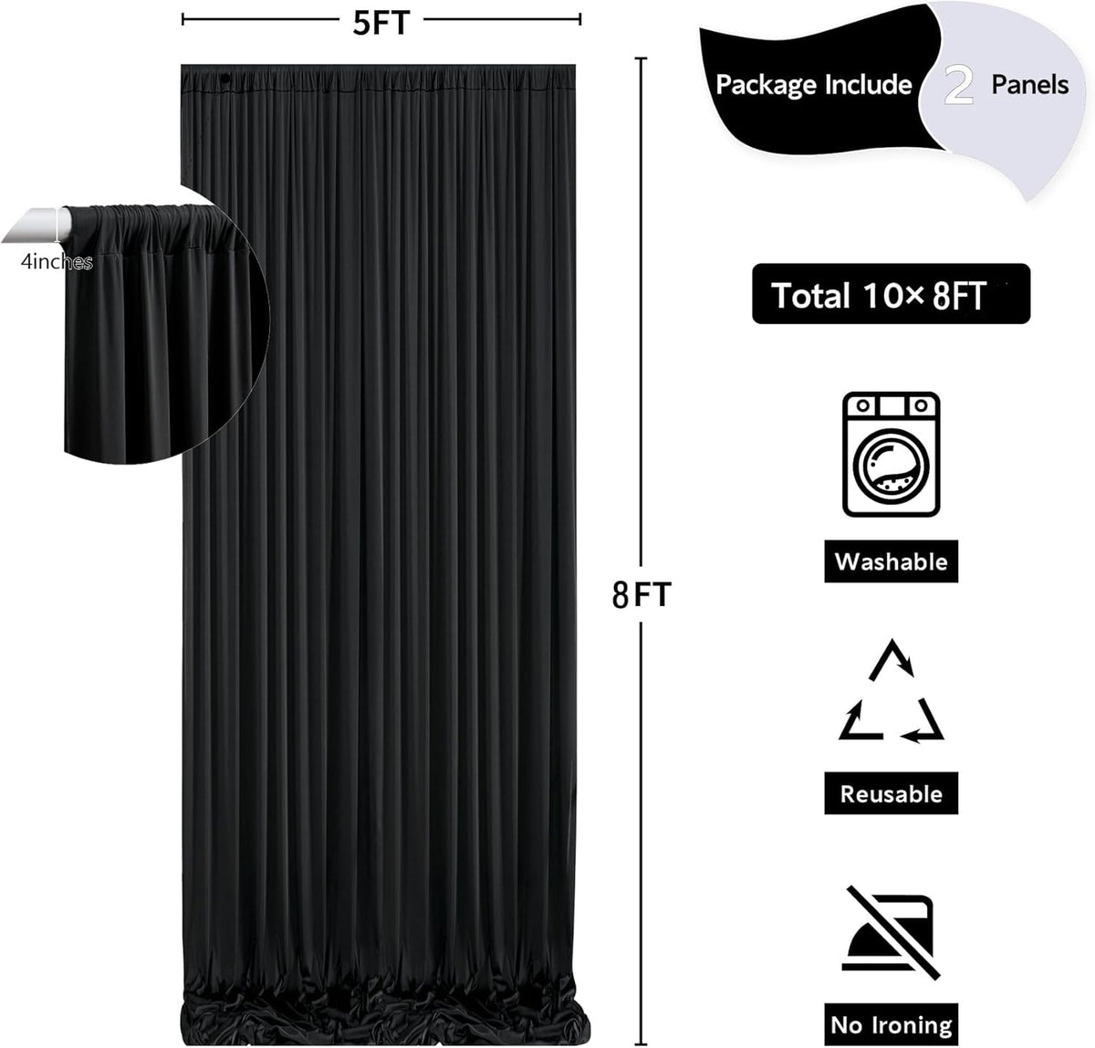 10 ft x 8 ft Wrinkle Free Black Backdrop Curtain for Parties, Polyester Black Photo Backdrop Drapes
