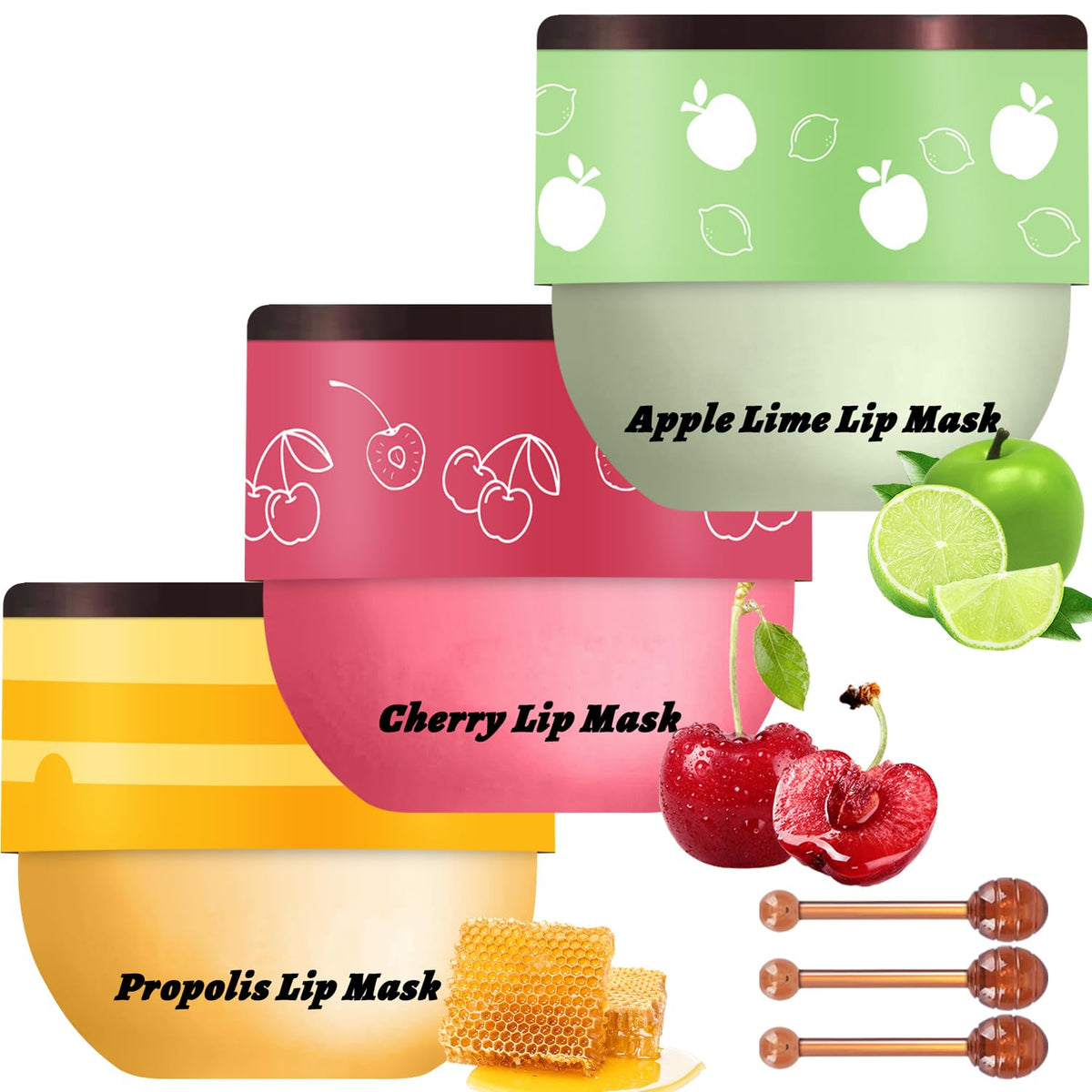 3 PCS Bee Lip Balm Mask Honey Pot, Watermelon, Cherry & Coconut Propolis Moisturizing, Hydrating
