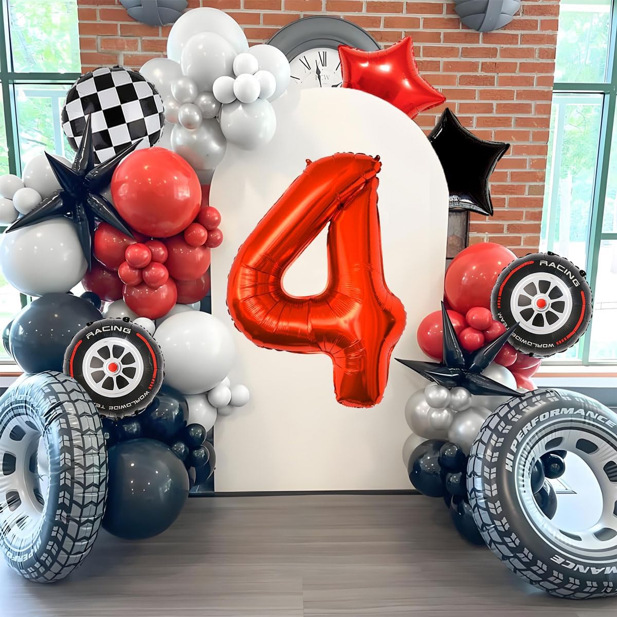 Race Car Birthday Decorations - 40 Inch Mylar Red Number 4 Balloons - Black Foil Checkered Race Car
