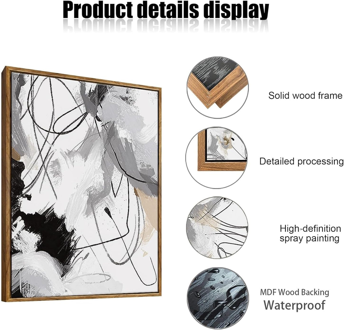 myusuar 3 Piece Large Modern Abstract Canvas Framed Wall Art For Living Room, Black And White Lines