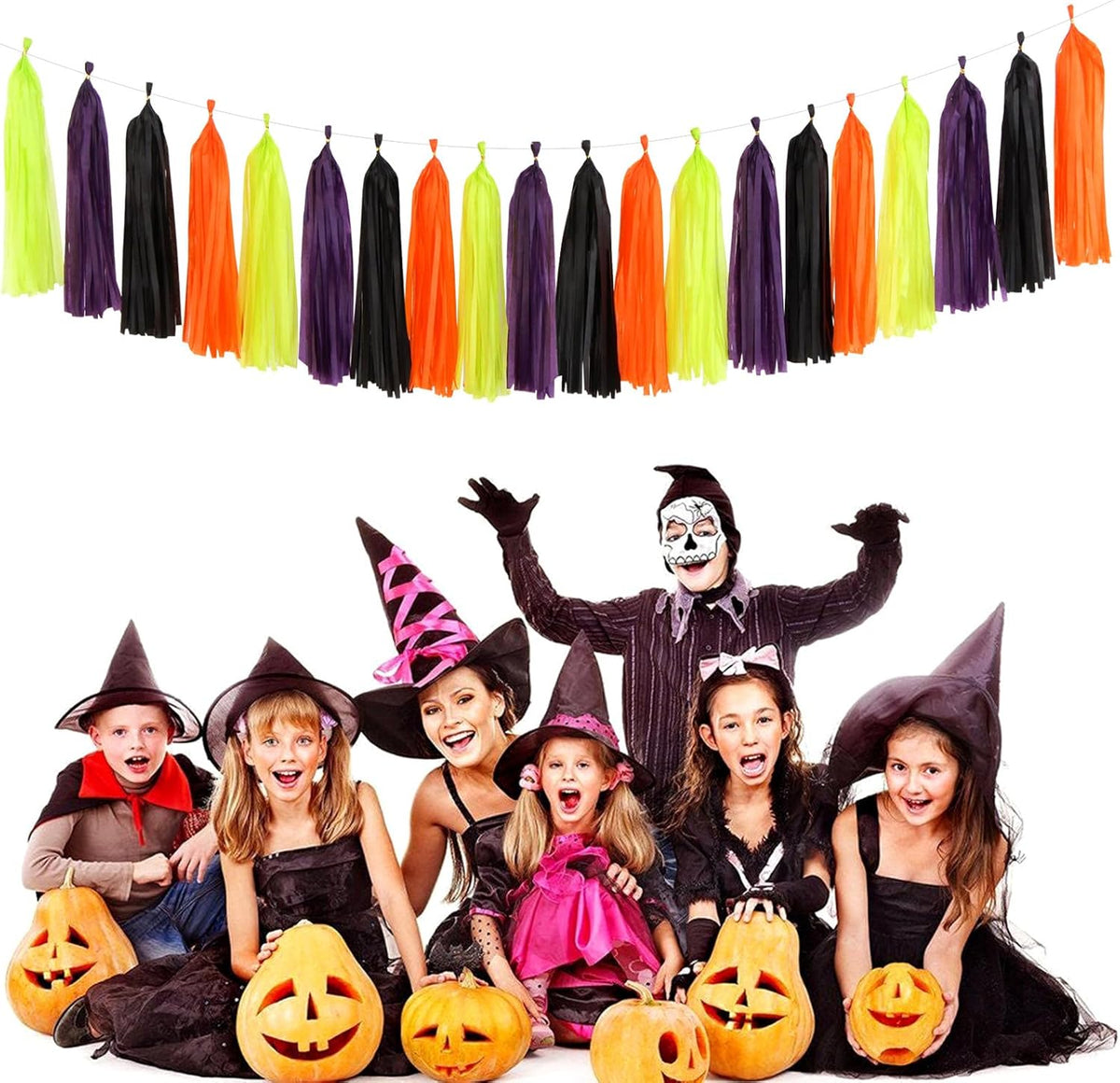 Black-Purple Orange Green Halloween Party-Decorations - 30pcs Tissue Pom Poms Streamers,Tassel