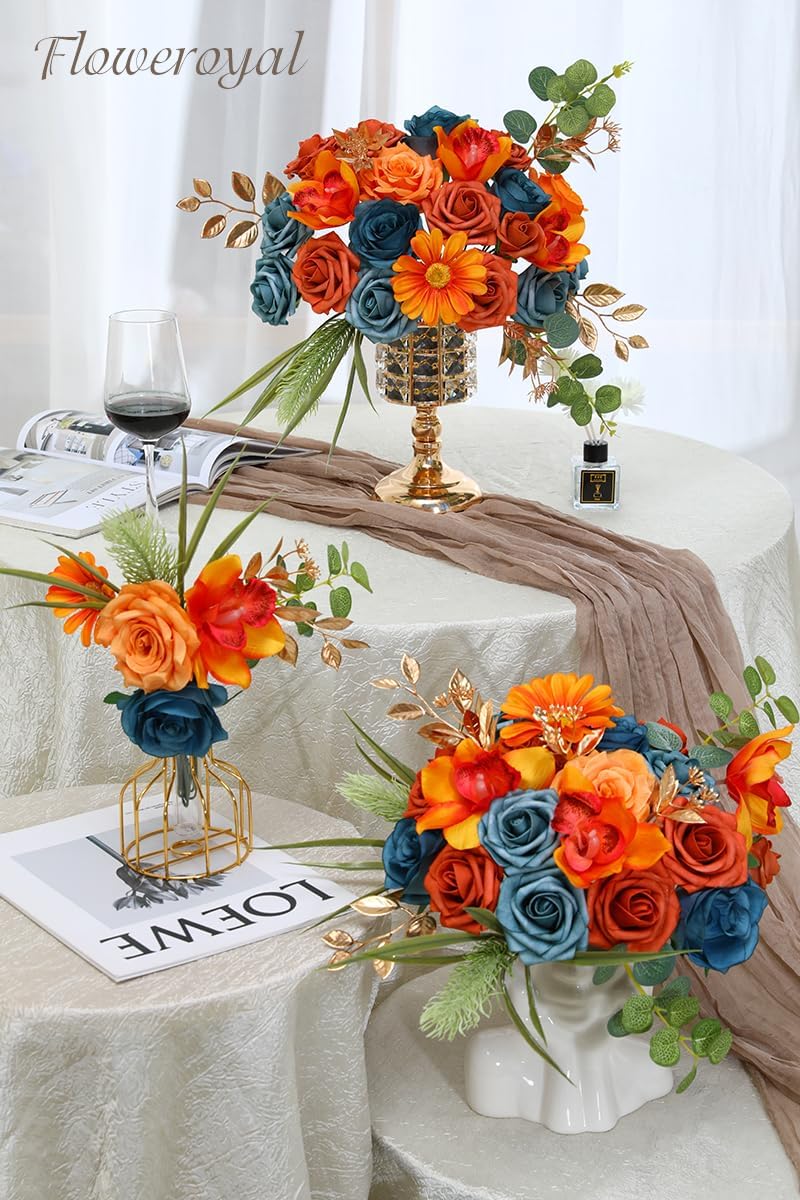 Floweroyal Artificial Flowers Combo Orange Flowers Mix Silk Flowers Fake Roses with Stems for DIY