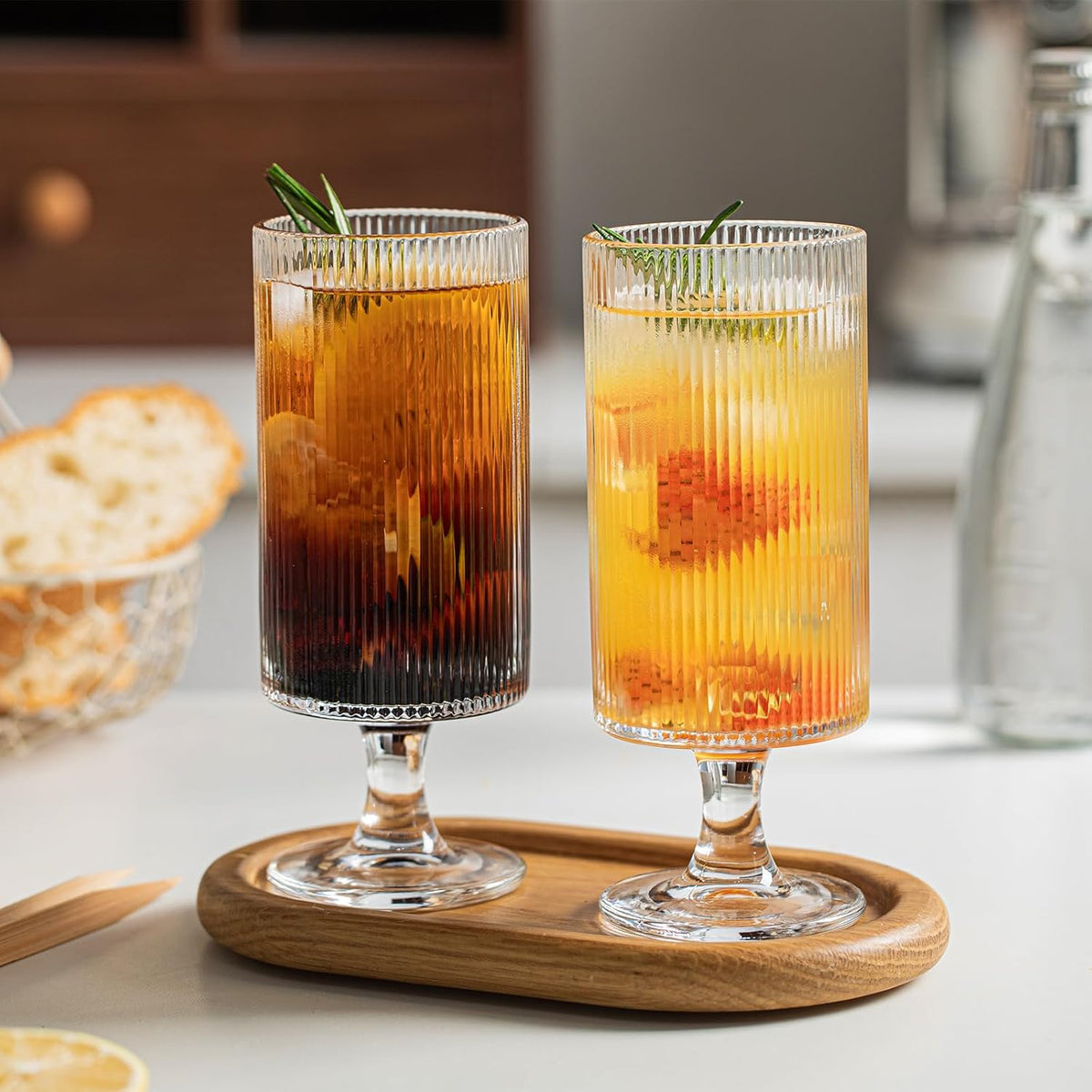 INSETLAN Set of 4 Ribbed Glass Goblets – 12oz Vertical Stripe Stemmed Glassware for Cocktails