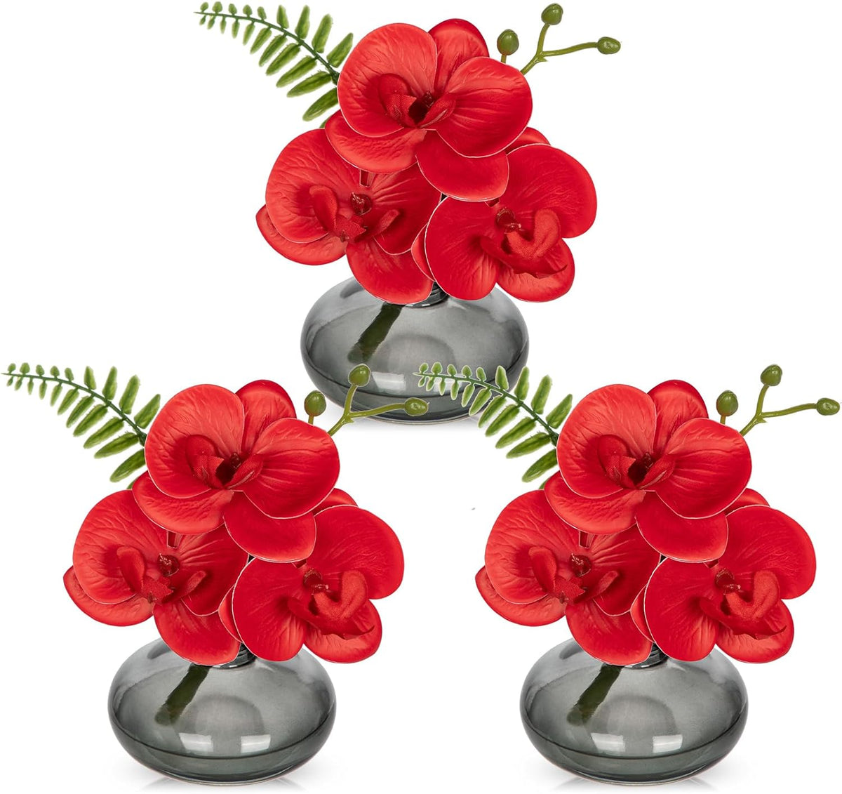 Red Orchids Artificial Flowers Faux Orchids Arrangement in Black Glass Vases Set of 3 Real Touch
