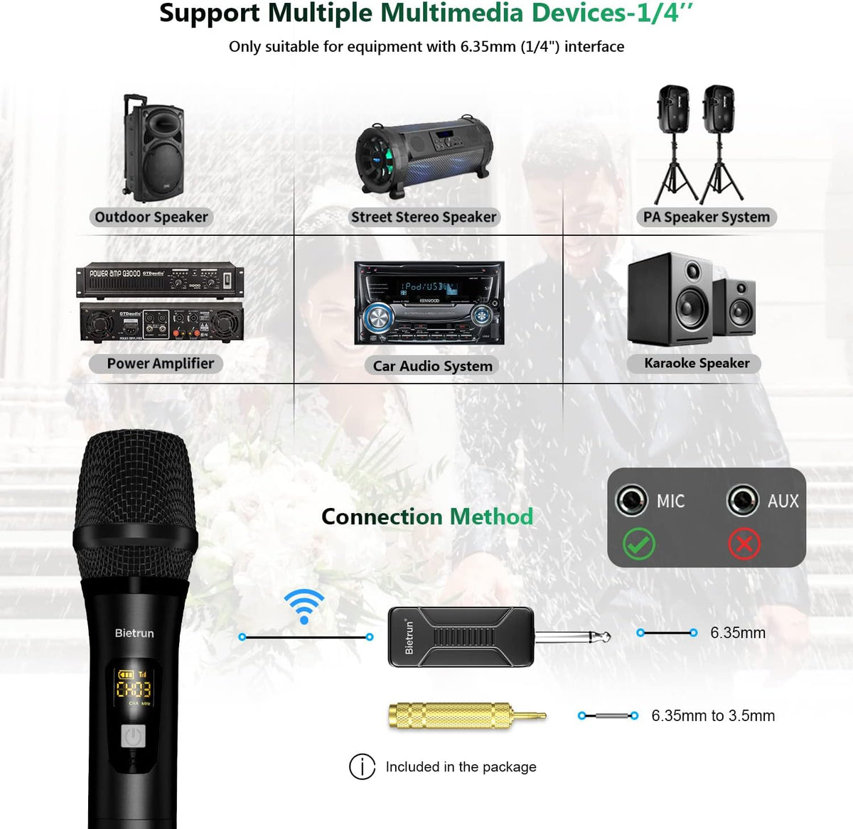 Bietrun Wireless Microphone Dynamic Mic System with Rechargeable Receiver, 1/4" Output, for