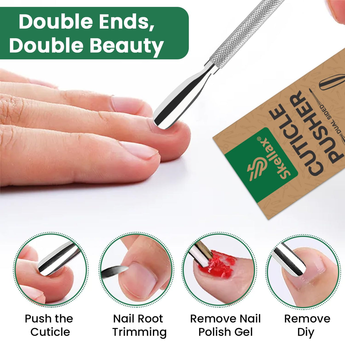 4PCS Cuticle Pusher Double Ended Sharp Edge Spoon Shaped Set, Salon Quality Stainless Steel Metal