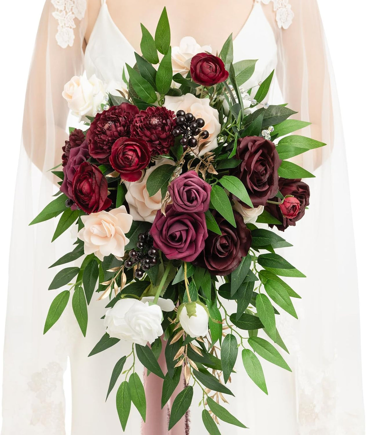 Ling's moment Burgundy Bridal Bouquet Cascading, Marsala Wedding Bouquets for Bride, 13 Inch Bride