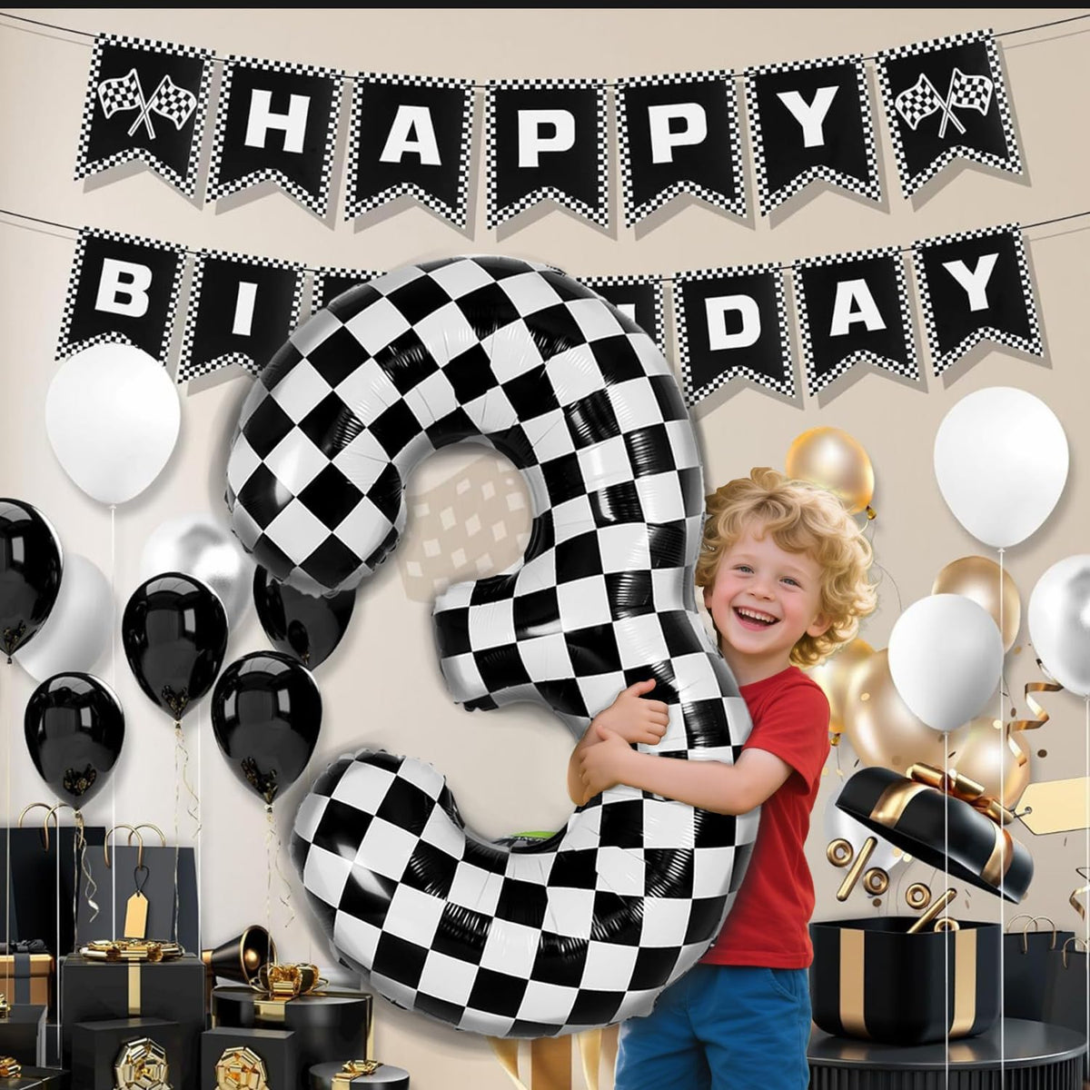 40 Inch Checkered Number Balloon - Race Flag Pattern Big Helium Balloon for Birthday Party