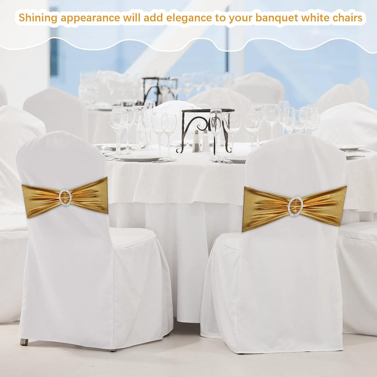 CHENGU 150 Pieces Spandex Stretch Chair Sashes Bows Elastic Chair Cover Bands Ties with Buckle