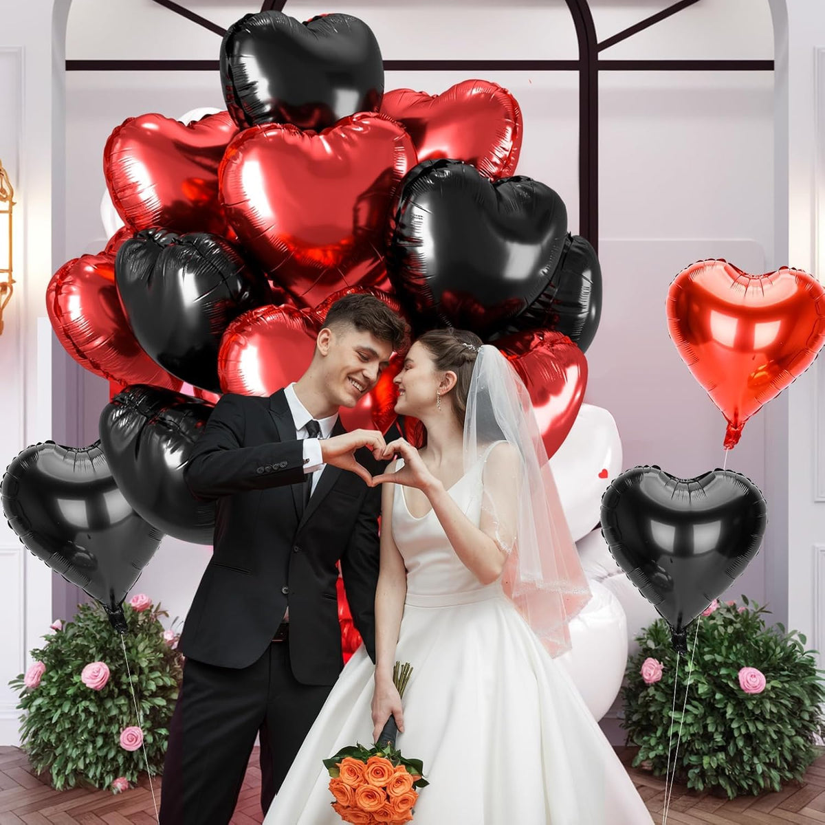 12 Pcs Heart Balloons, 18 inch Valentine's Day Heart Shaped Balloons, Red Black Foil Helium