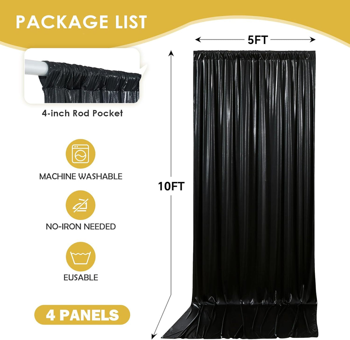 gogoparti 20x10FT Black Sequin Backdrop Curtain - 4 Panels of 5x10FT Wrinkle-Free Glitter Drapes