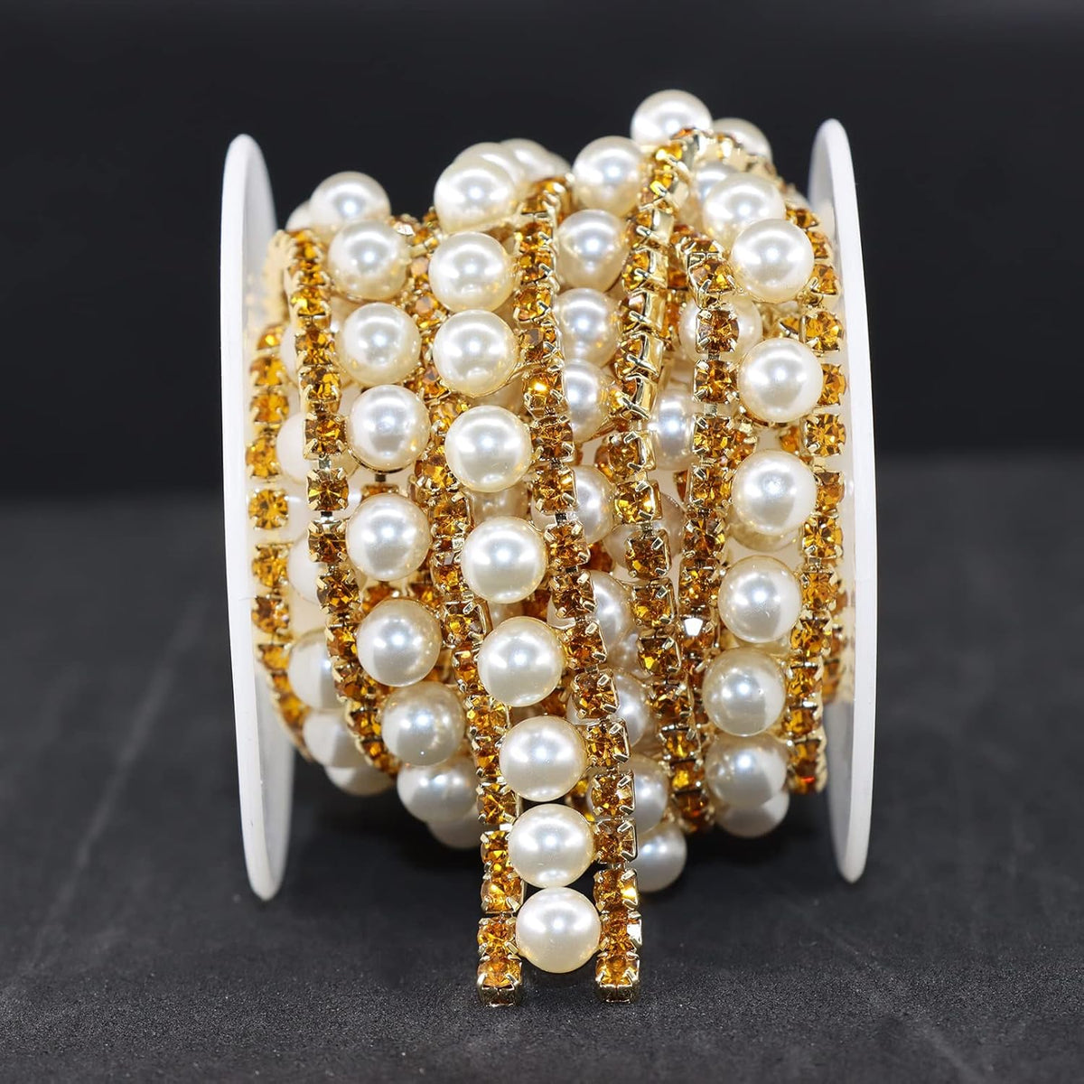 Jerler Gold Rhinestone Trim Applique 1 Yard 2 Rows Crystal Chain Banding Diamond Inlaid White Pearl